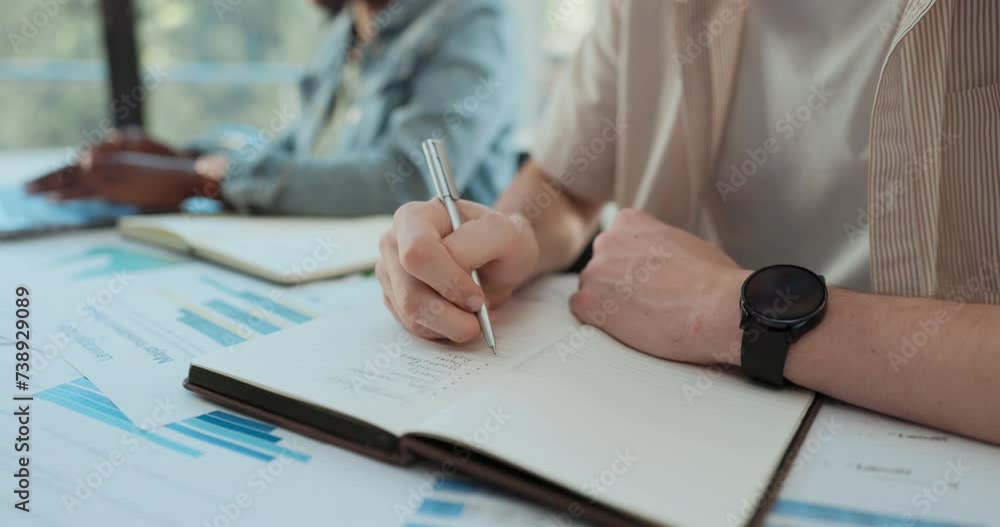 Leinwandbilder Hands, writing and learning in notebook for classroom research, project ideas and brainstorming of statistics. People, university students and college notes of graphs and charts solution or studying
