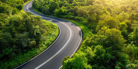 Serene Country Road Amidst Lush Greenery. Aerial top view of winding empty road cuts through a vibrant green forest, highlighting nature's serenity.