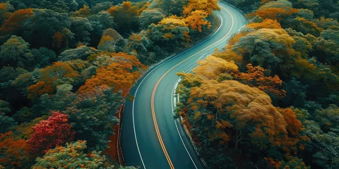 Selbstklebende Fototapeten Serene Country Road Amidst Lush Autumn Greenery. Aerial top view of winding empty road cuts through a vibrant green forest, highlighting nature's serenity. © SnowElf