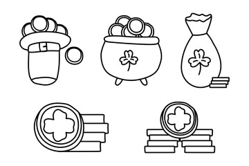 Set of gold coins, cauldron with gold coins in cartoon style