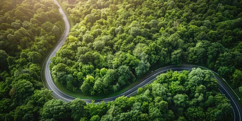 Behangcirkel Serene Country Road Amidst Lush Greenery. Aerial top view of winding empty road cuts through a vibrant green forest, highlighting nature's serenity. © SnowElf