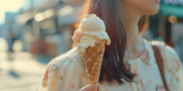 Hand Holding milky Ice Cream waffle Cone. Close-up of icecream cone melting in female hand against a simple background with copy space.