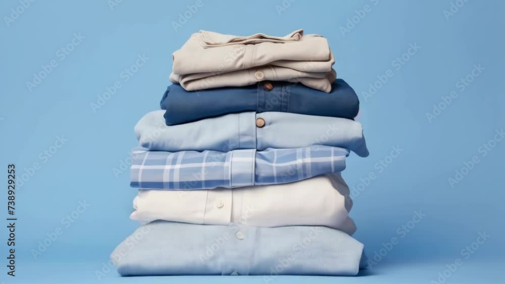 Wall mural Neatly stacked folded shirts on vibrant blue background