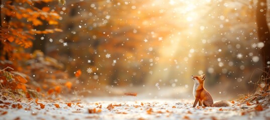 Vivid red fox in snowy winter forest  wildlife in nature with blurred background for text