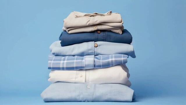 Neatly stacked folded shirts on vibrant blue background
