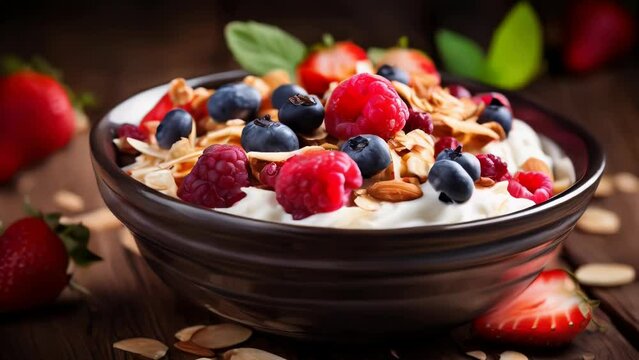 Bowl of yogurt topped with fresh berries and crunchy almonds