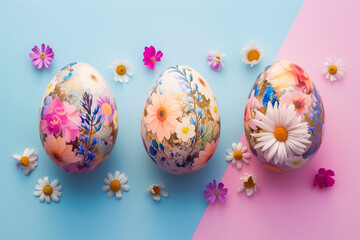 top view of Easter eggs with flower pattern and spring flowers on blue and pink background.