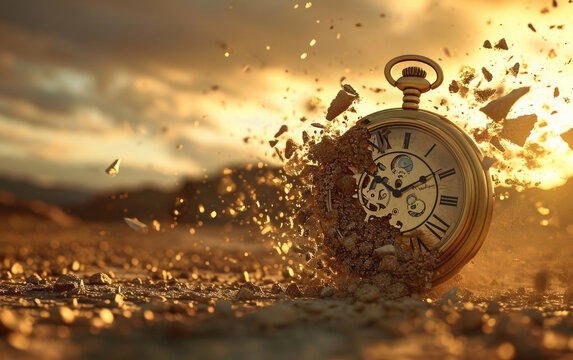 An antique pocket watch seemingly disintegrating or exploding in small pieces caught in the warm glow of a setting sun.
