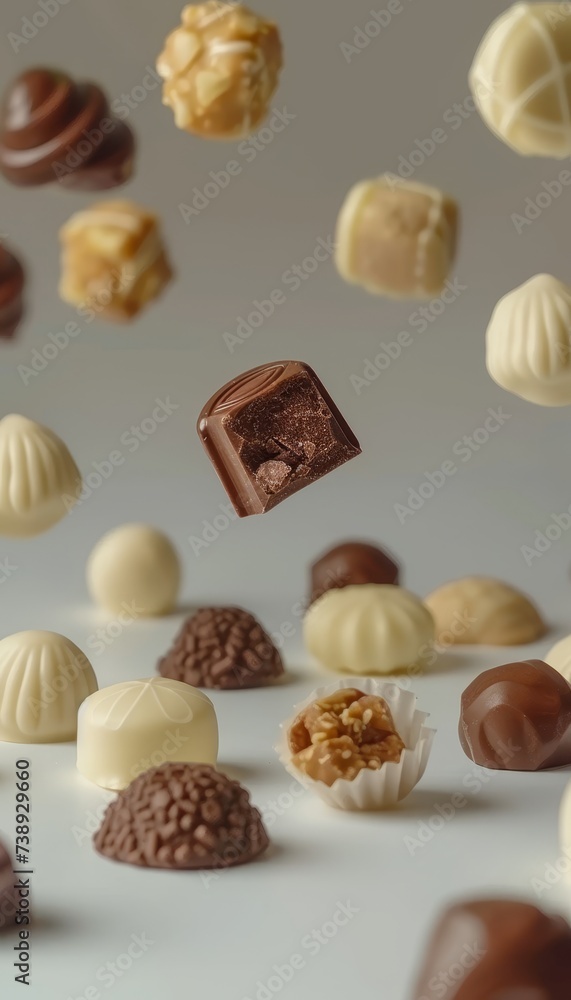 Poster assorted chocolate candies floating on pastel gradient background, close up sweets with text space.