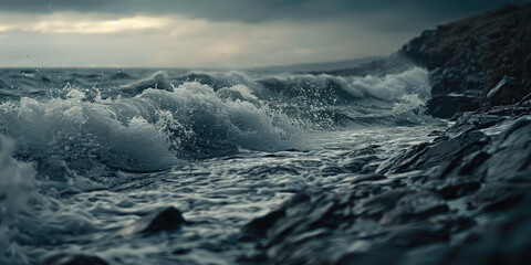 Waves Crashing on Rocky Shore. Dynamic waves crash against the rugged rocks of a coastal shoreline.