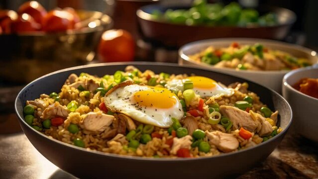 Simple bowl of rice topped with fried egg, suitable for food and cooking concepts
