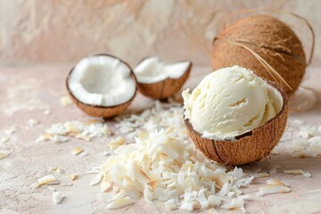 Fototapeta na wymiar Dessert A scoop of ice cream served in a coconut shell