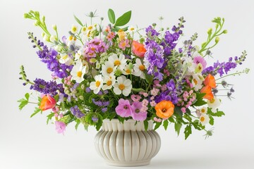 Fresh cut spring flowers in vase on white background