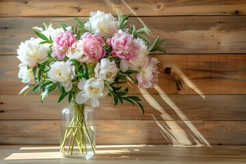 Fresh bouquet of peony flowers in vase on wooden background