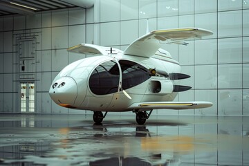 Sleek white autonomous flying vehicle in hangar.