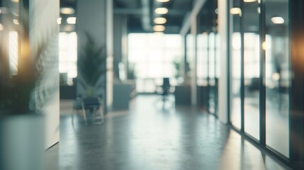 Blurred empty open space office, abstract light bokeh at office interior background for design.