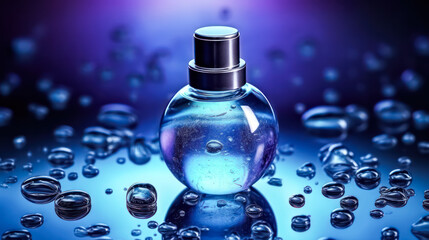 A mens fragrance bottle against a dark blue backdrop exuding sophistication and elegance, a perfect image for luxury perfume advertisements.