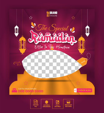 Ramadan kareem food sale social media post and web banner template design with decoration. Food menu restaurant or Instagram special food menu template.