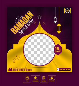 Ramadan kareem food sale social media post and web banner template design with decoration. Food menu restaurant or Instagram special food menu template.
