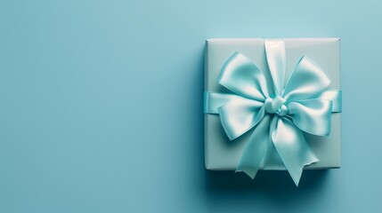 Gift box with baby blue satin ribbon and bow on blue background, birthday present, flat lay, top view, copy space