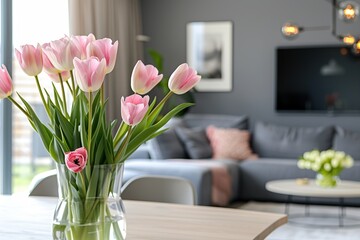 Fototapeta premium Fresh cut tulip flowers in vase in living room