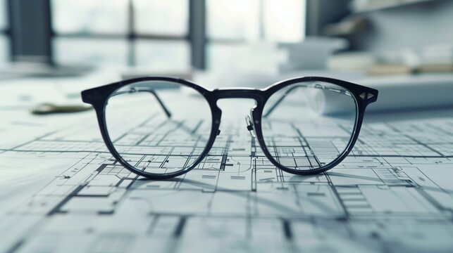 Glasses on plan design, concepts of architecture, construction, engineering
