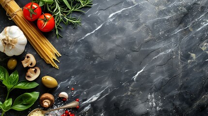 Italian food background, with vine tomatoes, basil, spaghetti, mushrooms, olives, parmesan, olive oil, garlic, peppercorns, rosemary, parsley and thyme. Slate background. - obrazy, fototapety, plakaty