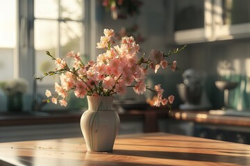 Fresh cut spring flowers in vase on table in kitchen