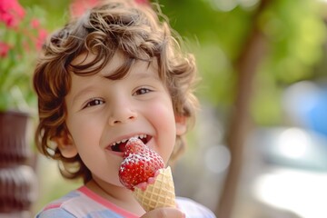 a young boy is eating a strawberry ice cream cone