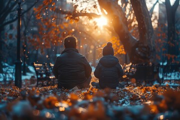 Amidst the warm glow of a crackling fire under a towering tree, two people find solace in each other's company as the sun sets on their outdoor adventure - obrazy, fototapety, plakaty