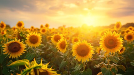 Obraz premium Vivid and radiant, a sunflower field blooms in full glory under the summer sun.