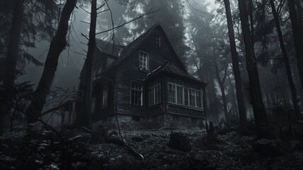 Scary house in mysterious horror forest at night in black and white with grungy textures