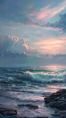 Majestic Ocean Sunset - A breathtaking digital painting of waves crashing against the shore under a sky painted with sunset hues