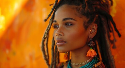 A fierce and confident woman with intricate dreadlocks and bold earrings gazes directly at the viewer, her human face telling a story of strength and individuality - obrazy, fototapety, plakaty