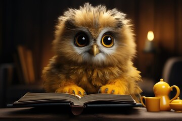 Adorable owl reading a book with yellow tea set.