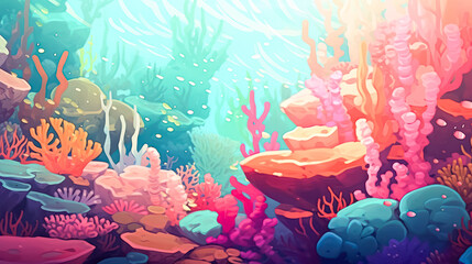 An enchanting ocean coral reef scene underwater, showcasing the mesmerizing beauty and diversity of marine life in their natural habitat.