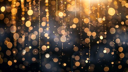 Waterfalls of golden glitter sparkle bubbles champagne particles stars on black background