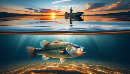 A fishing scene on a calm lake. Just beneath the serene water surface, a magnificent bass fish swims freely - obrazy, fototapety, plakaty