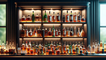 A bar setting, with a close-up view of three horizontal shelves laden with an assortment of liquor bottles - obrazy, fototapety, plakaty