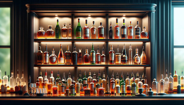 A bar setting, with a close-up view of three horizontal shelves laden with an assortment of liquor bottles wallpaper background