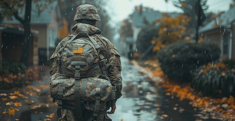 A rugged soldier confidently strides through the bustling city streets, adorned in his military uniform and equipped with his trusted weapon, embodying the strength and bravery of the military organi - obrazy, fototapety, plakaty