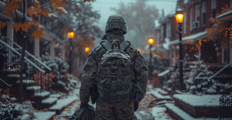 Amidst the winter snow, a military man strolls down the deserted street, captured in a screenshot of solitude and strength - obrazy, fototapety, plakaty