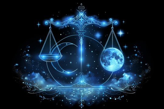 Astrological zodiac sign libra shining in blue on black background, vector style illustration