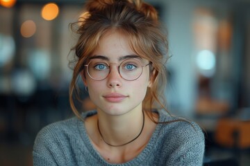 A young woman with a sharp gaze, framed by her brown hair and glasses, exudes confidence and intelligence in her grey sweater - obrazy, fototapety, plakaty