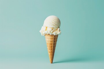 a single scoop of white ice cream in a waffle cone on a blue background