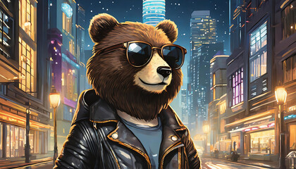 Hipster bear in a leather jacket and sunglasses on the background of the night city.
