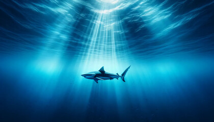 A tiger shark, swimming in the boundless blue of the open ocean