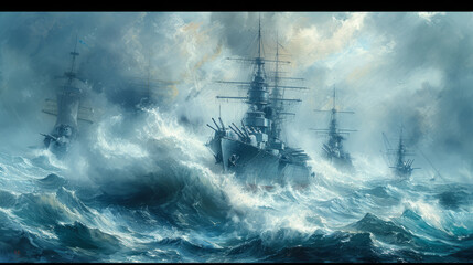 Sailing military ships in the sea or ocean