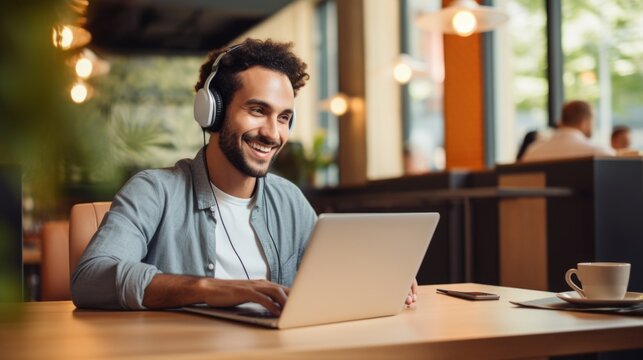 Smiling man using laptop with headphones in a cafe setting.