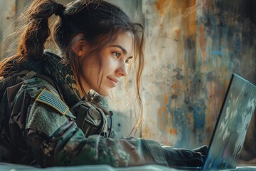A determined female soldier immersed in technology, confidently sits indoors with a laptop, her portrait a striking blend of human face and modern equipment